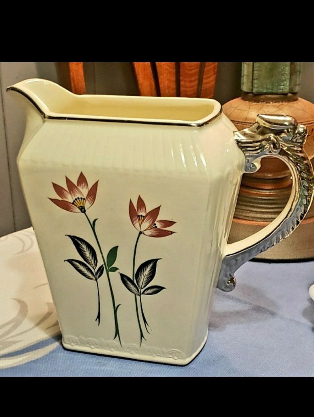 Mid-Century 1940's Harker Pitcher With Beautiful Floral Design & Dragon Handle